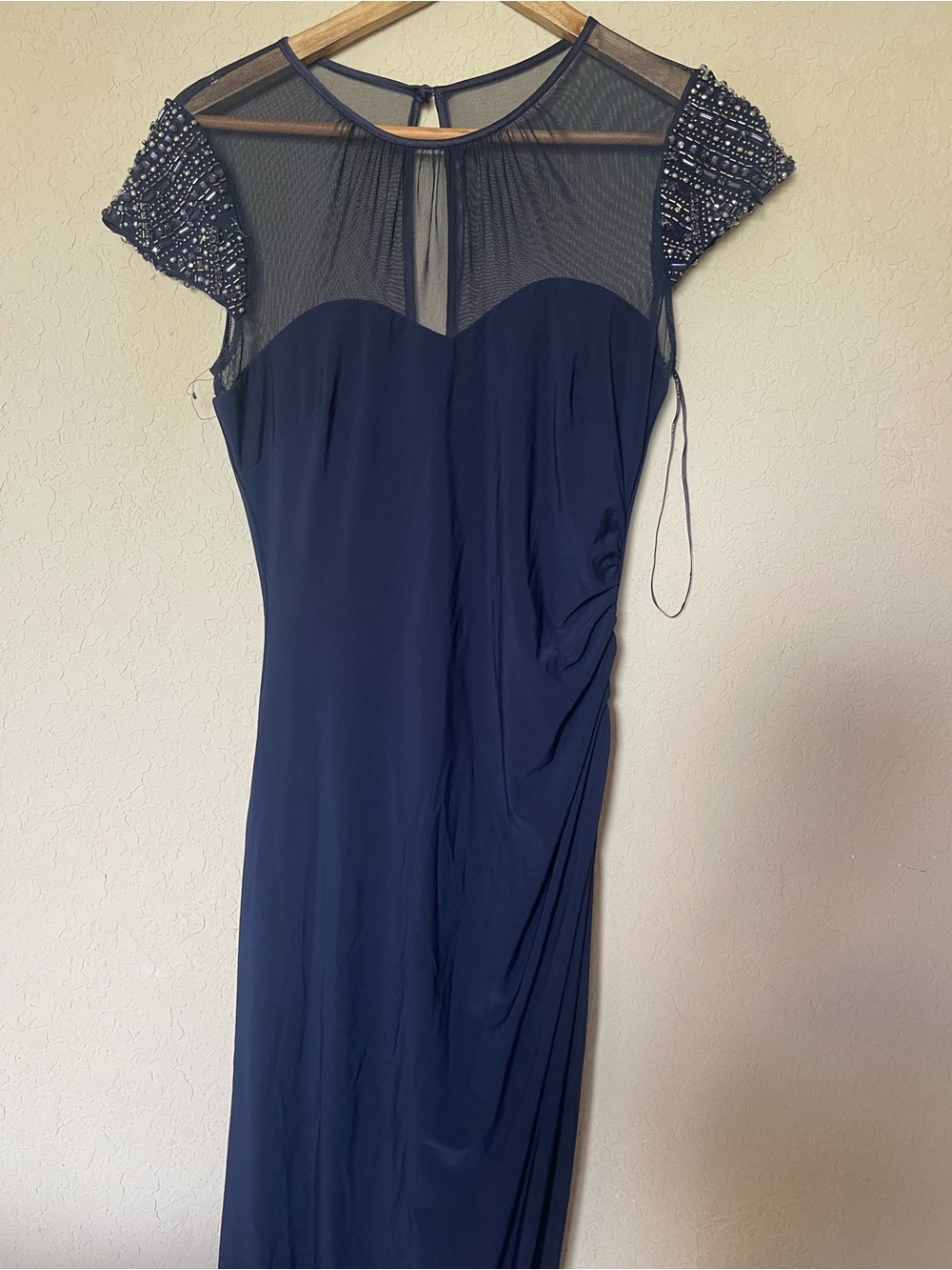 Vince Camuto Navy Beaded Cap-Sleeve Evening Gown